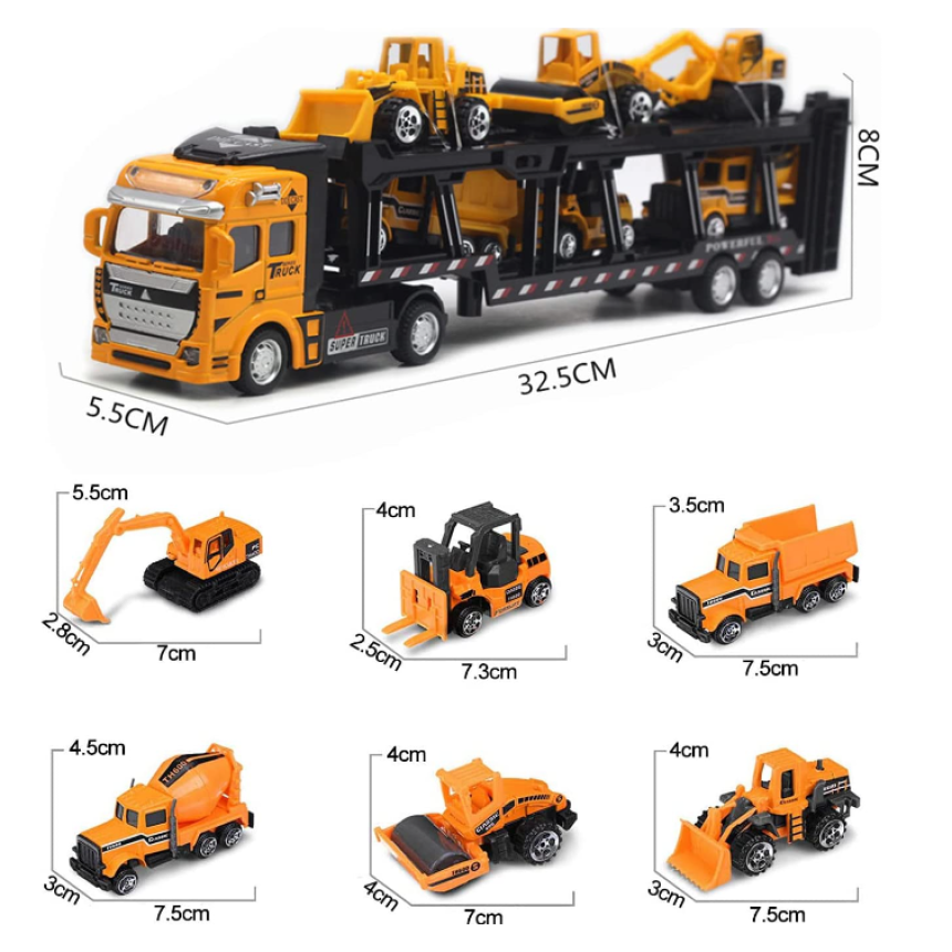 Carecoly 건설차량 대형트레일러 1대 미니카6대 세트